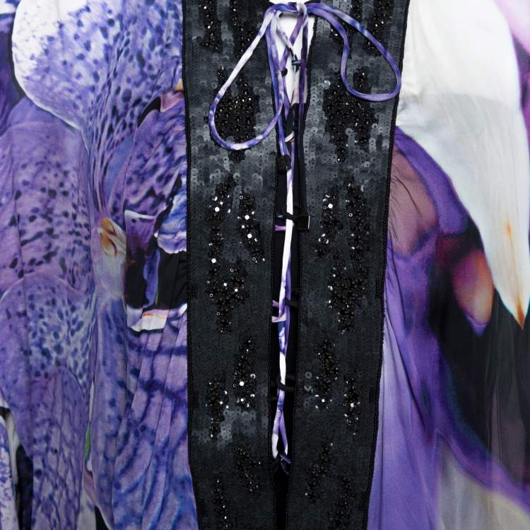 Pre Owned Roberto Cavalli Purple Floral Printed Silk Sequin Embellished Sheer Tunic L 
