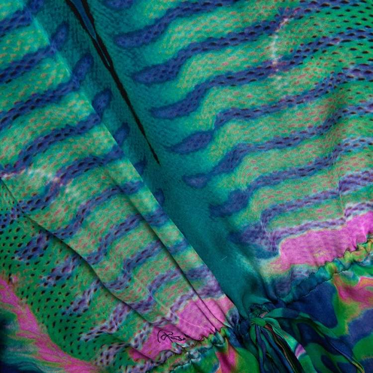 Pre Owned Roberto Cavalli Multicolor Peacock Printed Silk Sheer Tunic Top L 