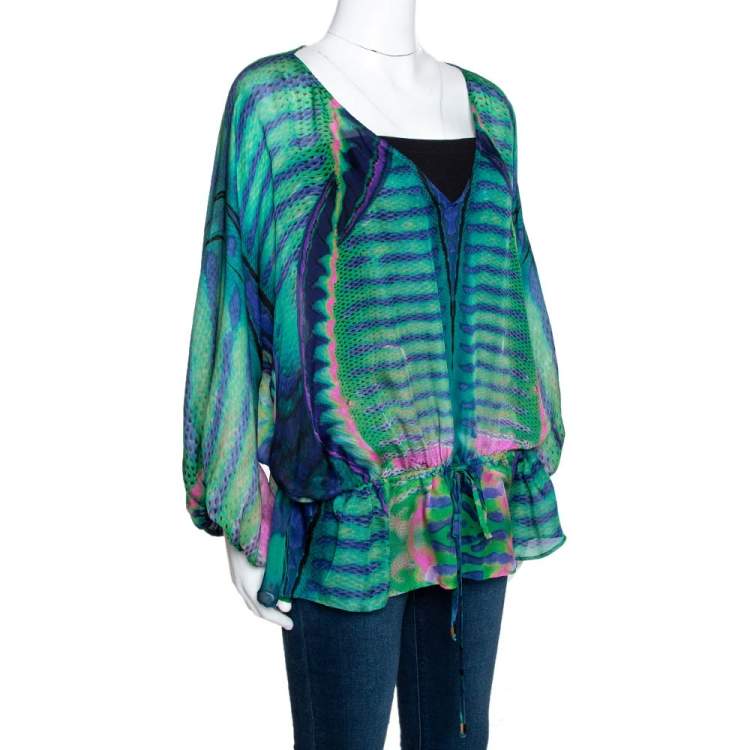 Pre Owned Roberto Cavalli Multicolor Peacock Printed Silk Sheer Tunic Top L 