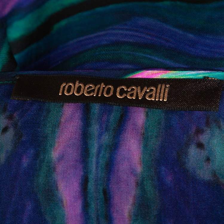 Pre Owned Roberto Cavalli Multicolor Peacock Printed Silk Sheer Tunic Top L 