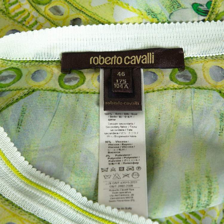Pre Owned Roberto Cavalli Green Printed Silk Contrast Knit Trim Kaftan Top L 