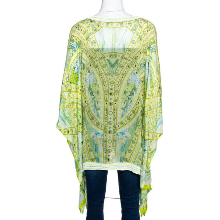 Pre Owned Roberto Cavalli Green Printed Silk Contrast Knit Trim Kaftan Top L 