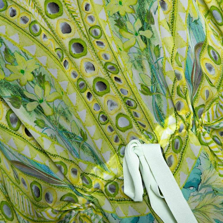 Pre Owned Roberto Cavalli Green Printed Silk Contrast Knit Trim Kaftan Top L 
