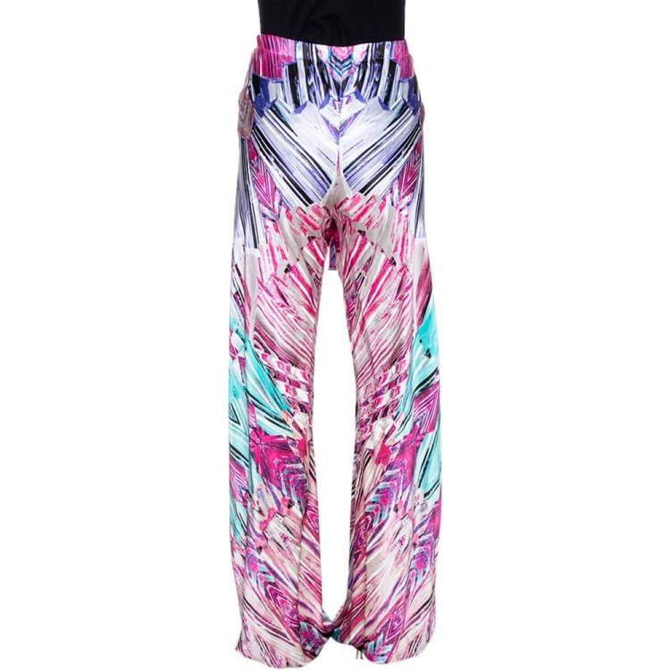 Pre Owned Roberto Cavalli Pink Abstract Printed Silk Elasticised Waist Pants L 