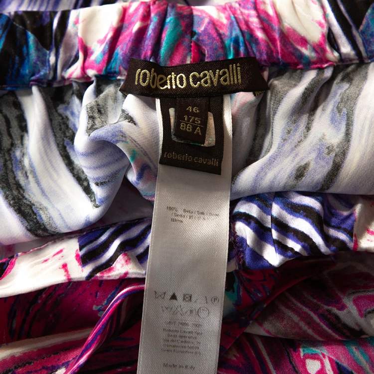 Pre Owned Roberto Cavalli Pink Abstract Printed Silk Elasticised Waist Pants L 