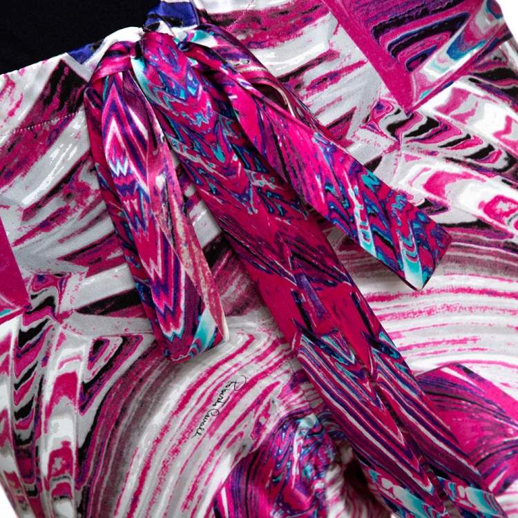 Pre Owned Roberto Cavalli Pink Abstract Printed Silk Elasticised Waist Pants L 