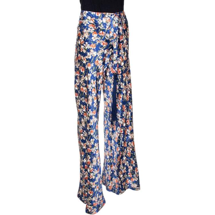 Pre Owned Roberto Cavalli Navy Blue Floral Printed Silk Pants L 