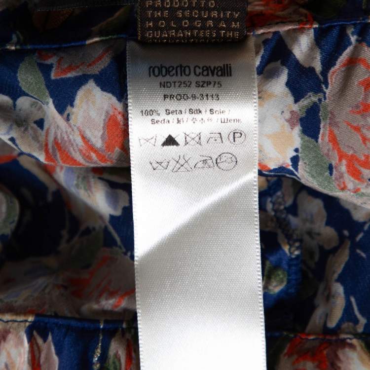 Pre Owned Roberto Cavalli Navy Blue Floral Printed Silk Pants L 