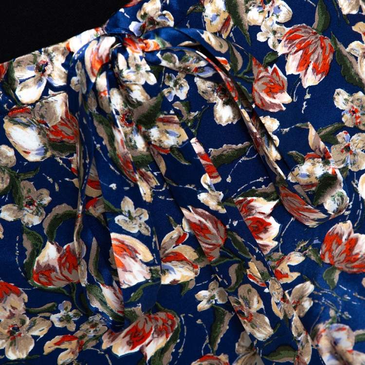 Pre Owned Roberto Cavalli Navy Blue Floral Printed Silk Pants L 