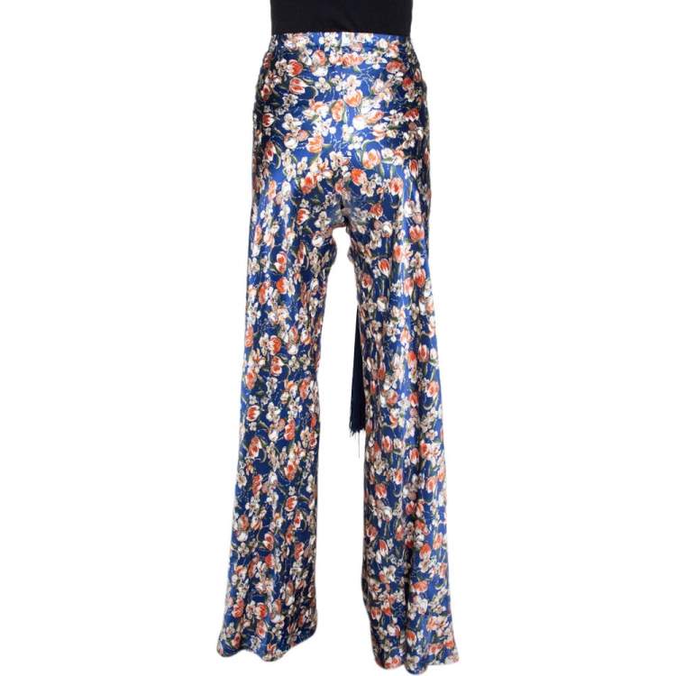 Pre Owned Roberto Cavalli Navy Blue Floral Printed Silk Pants L 
