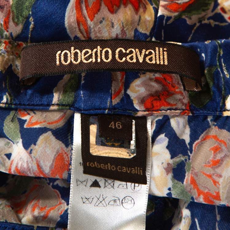 Pre Owned Roberto Cavalli Navy Blue Floral Printed Silk Pants L 