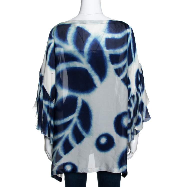 Pre Owned Roberto Cavalli Navy Blue & White Printed Silk Boat Neck Top L