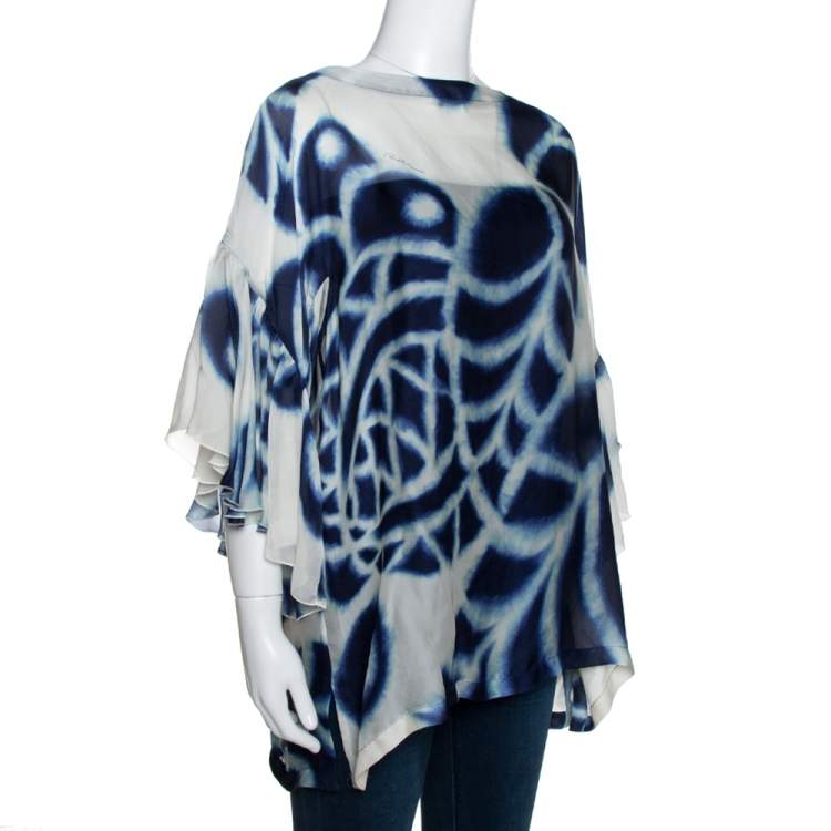 Pre Owned Roberto Cavalli Navy Blue & White Printed Silk Boat Neck Top L