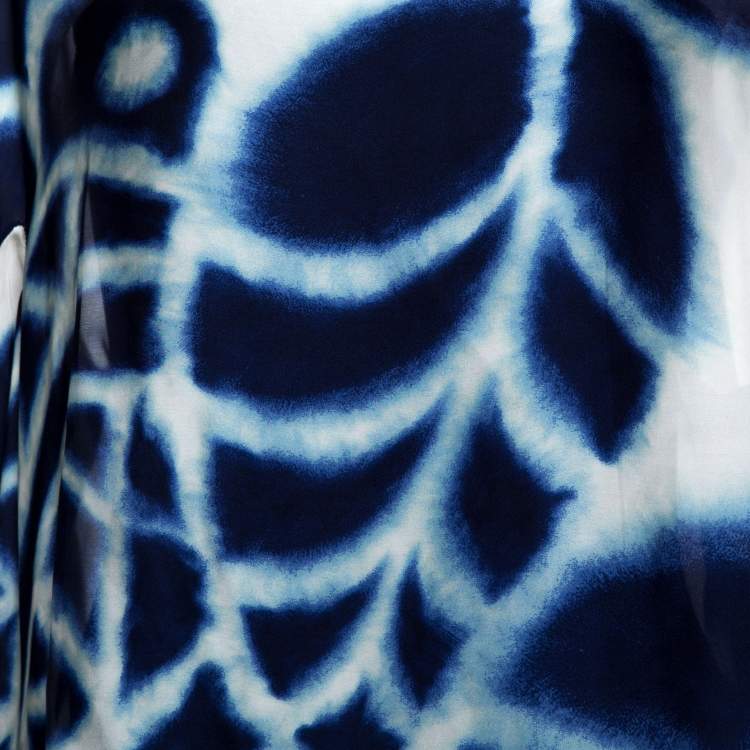 Pre Owned Roberto Cavalli Navy Blue & White Printed Silk Boat Neck Top L