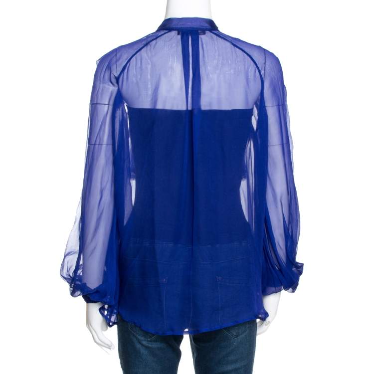 مملوكة مسبقًا Roberto Cavalli Royal Blue Silk Chiffon Sheer Ruffled Top M