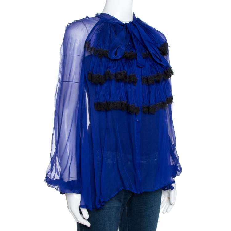 مملوكة مسبقًا Roberto Cavalli Royal Blue Silk Chiffon Sheer Ruffled Top M