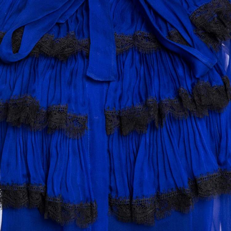 مملوكة مسبقًا Roberto Cavalli Royal Blue Silk Chiffon Sheer Ruffled Top M