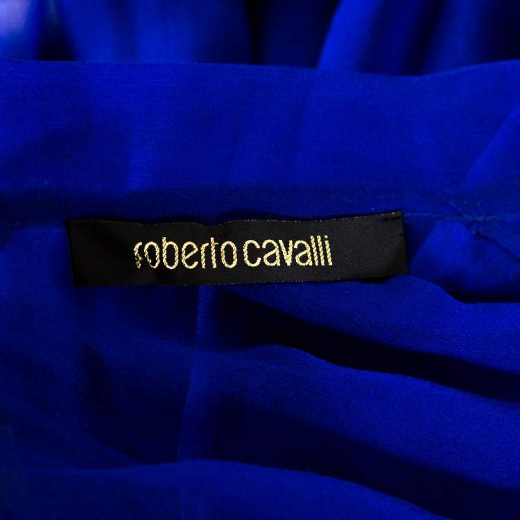 مملوكة مسبقًا Roberto Cavalli Royal Blue Silk Chiffon Sheer Ruffled Top M