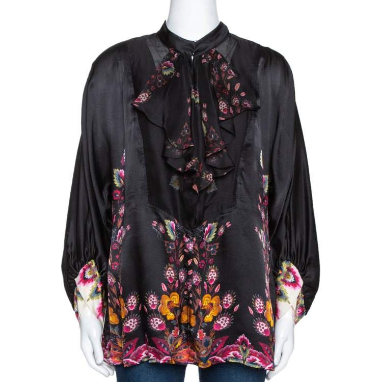 Pre Owned Roberto Cavalli Black Oriental Garden Printed Silk Ruffled Blouse L 