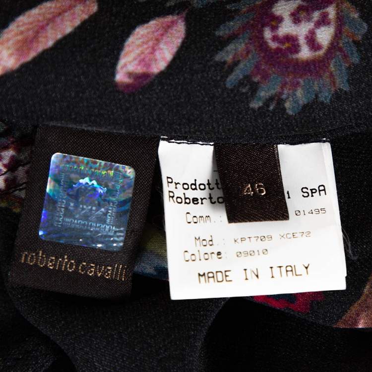 Pre Owned Roberto Cavalli Black Oriental Garden Printed Silk Ruffled Blouse L 