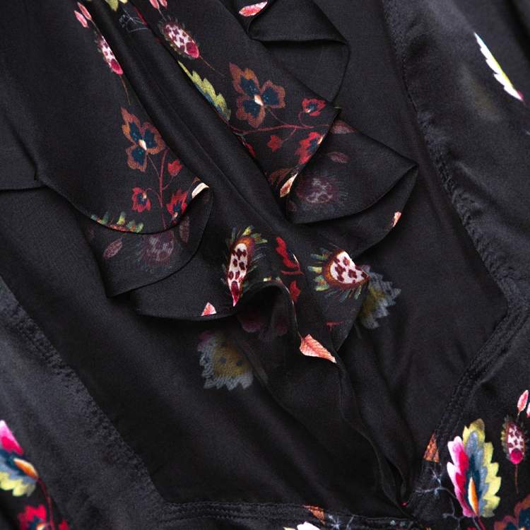 Pre Owned Roberto Cavalli Black Oriental Garden Printed Silk Ruffled Blouse L 