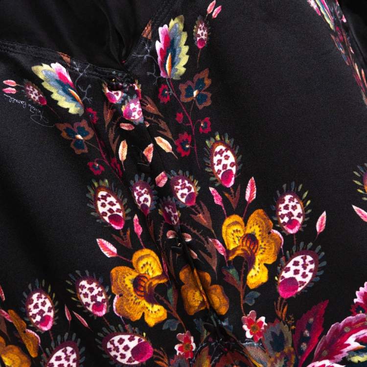 Pre Owned Roberto Cavalli Black Oriental Garden Printed Silk Ruffled Blouse L 