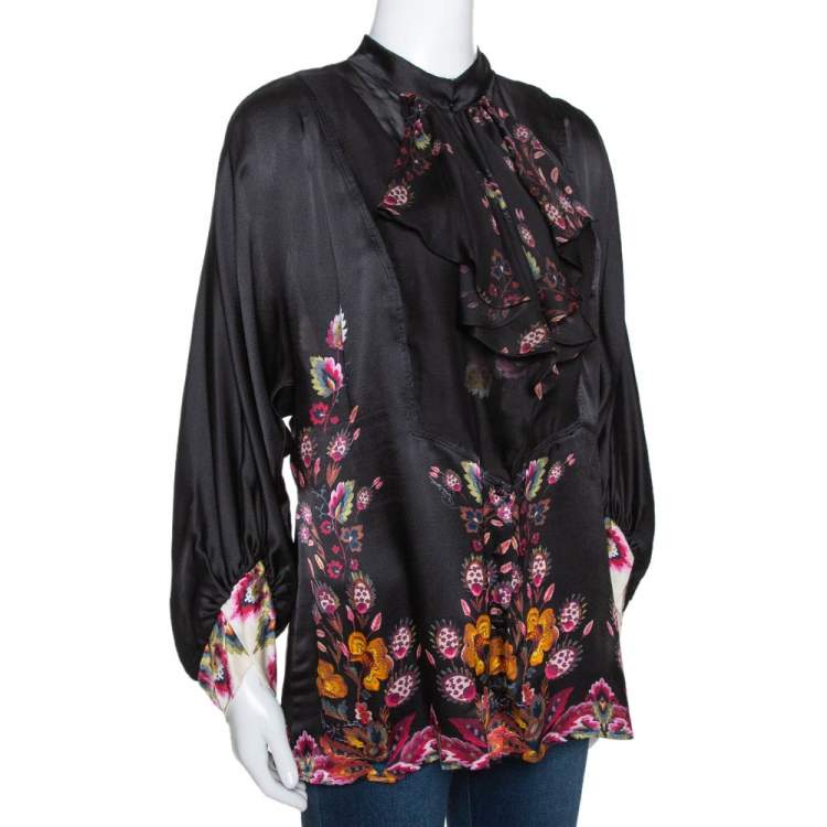 Pre Owned Roberto Cavalli Black Oriental Garden Printed Silk Ruffled Blouse L 