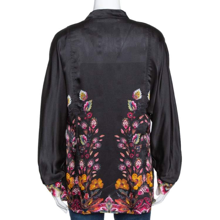 Pre Owned Roberto Cavalli Black Oriental Garden Printed Silk Ruffled Blouse L 