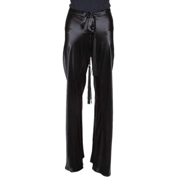 Pre Owned Roberto Cavalli Black Satin Front Tassel Tie Detail Pants M