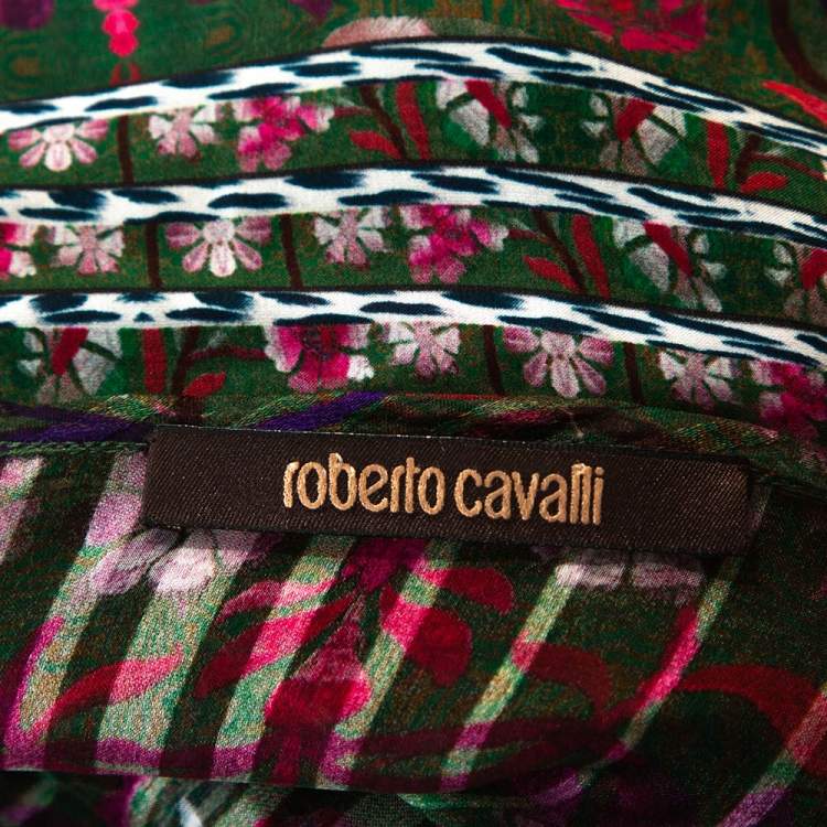 Pre Owned Roberto Cavalli Green & Fuschia Floral Printed Silk Jacquard Blouse M 