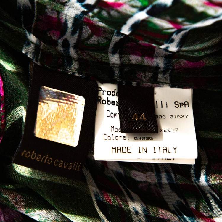 Pre Owned Roberto Cavalli Green & Fuschia Floral Printed Silk Jacquard Blouse M 