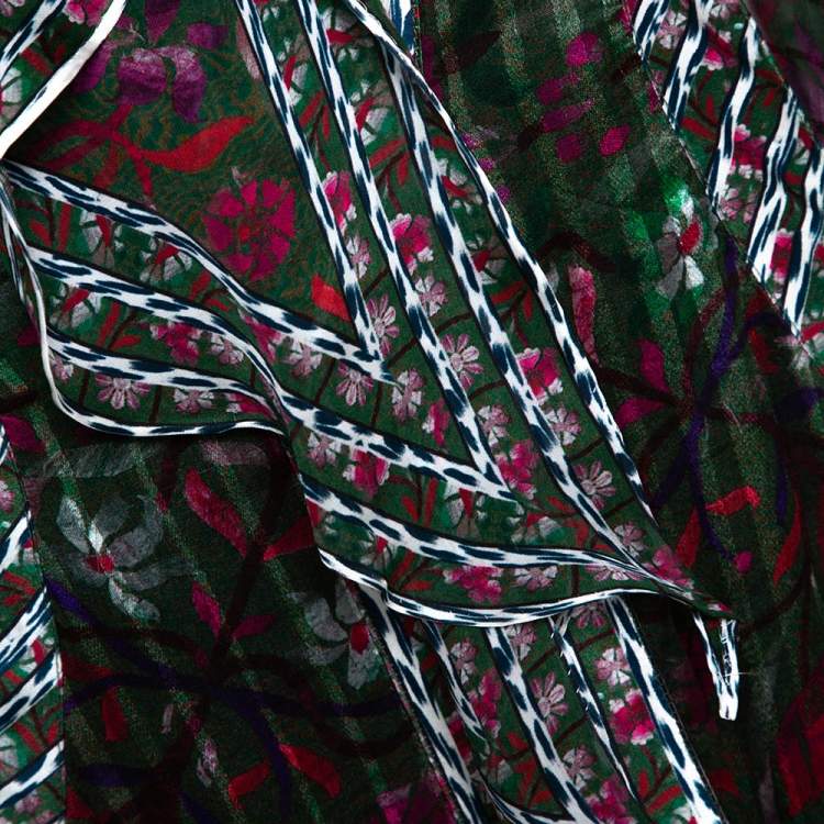 Pre Owned Roberto Cavalli Green & Fuschia Floral Printed Silk Jacquard Blouse M 