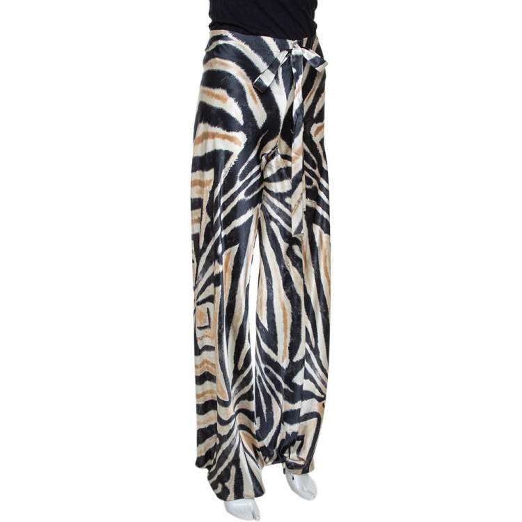 Pre Owned Roberto Cavalli Two Tone Animal Printed Silk Pants M 