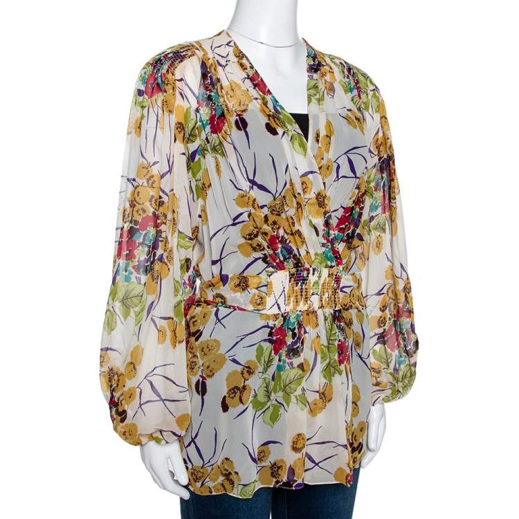 Pre Owned Roberto Cavalli Multicolor Silk Georgette Floral Print Faux Wrap Blouse M 