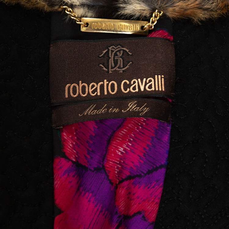 Pre Owned Roberto Cavalli Multicolor Printed Wool Blend & Fur Lined Mid Length Jacket M
