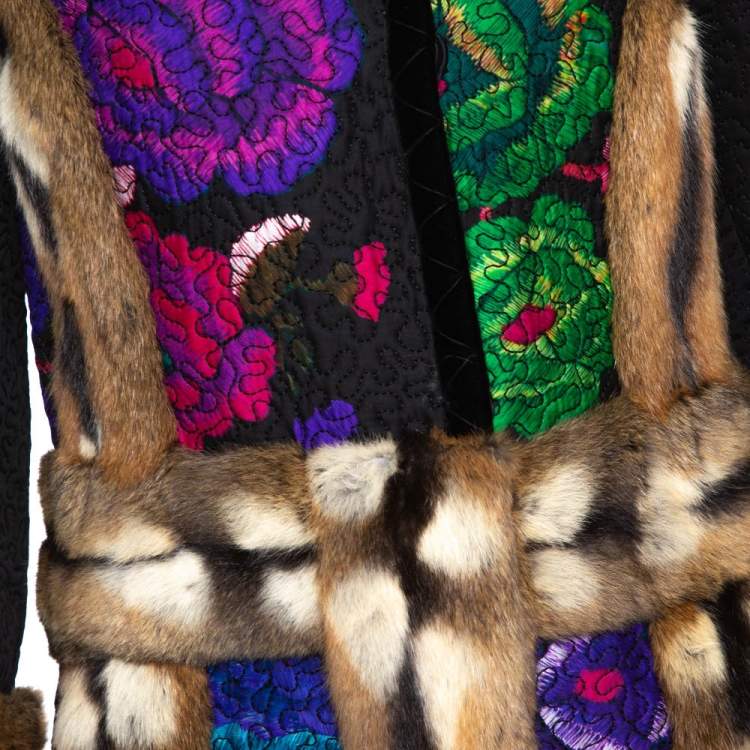 Pre Owned Roberto Cavalli Multicolor Printed Wool Blend & Fur Lined Mid Length Jacket M
