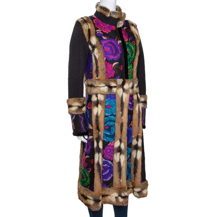 Pre Owned Roberto Cavalli Multicolor Printed Wool Blend & Fur Lined Mid Length Jacket M