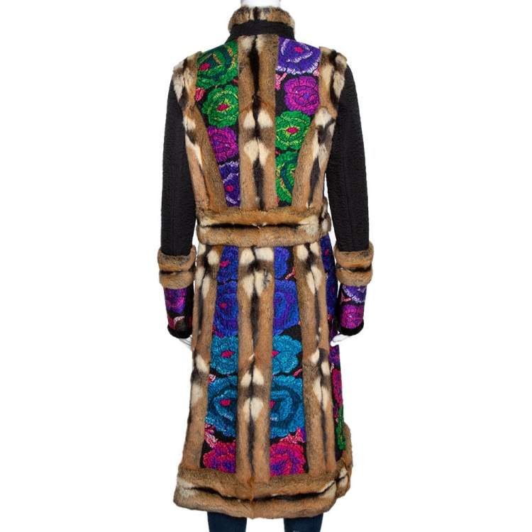Pre Owned Roberto Cavalli Multicolor Printed Wool Blend & Fur Lined Mid Length Jacket M