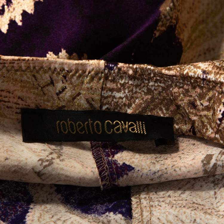 Pre Owned Roberto Cavalli Imperial Purple Floral Printed Silk Flared Skirt L 
