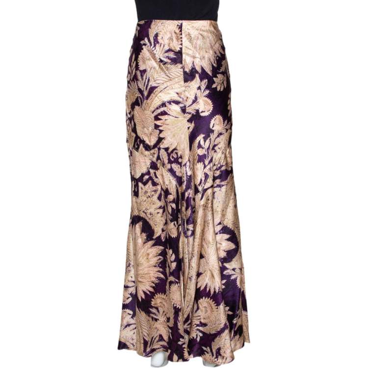Pre Owned Roberto Cavalli Imperial Purple Floral Printed Silk Flared Skirt L 