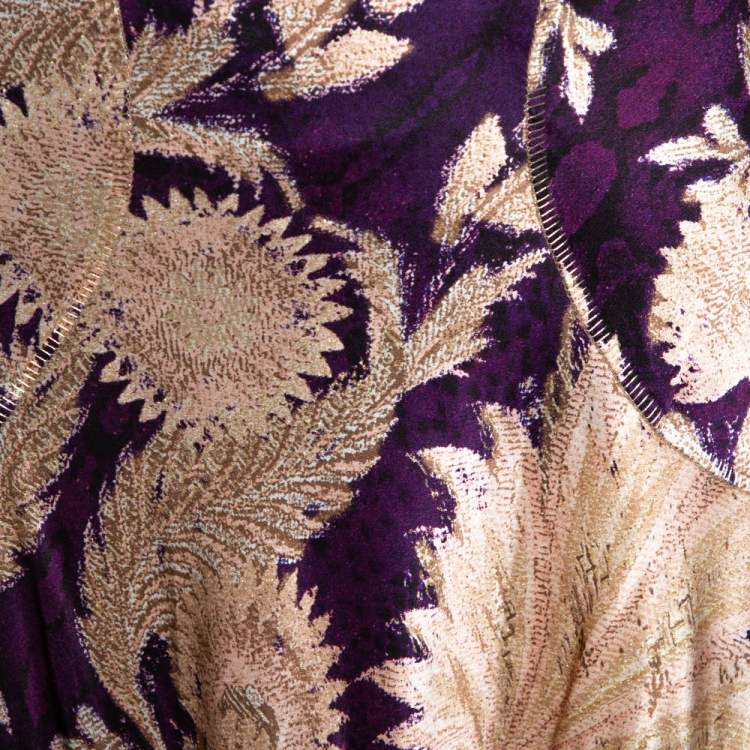 Pre Owned Roberto Cavalli Imperial Purple Floral Printed Silk Flared Skirt L 
