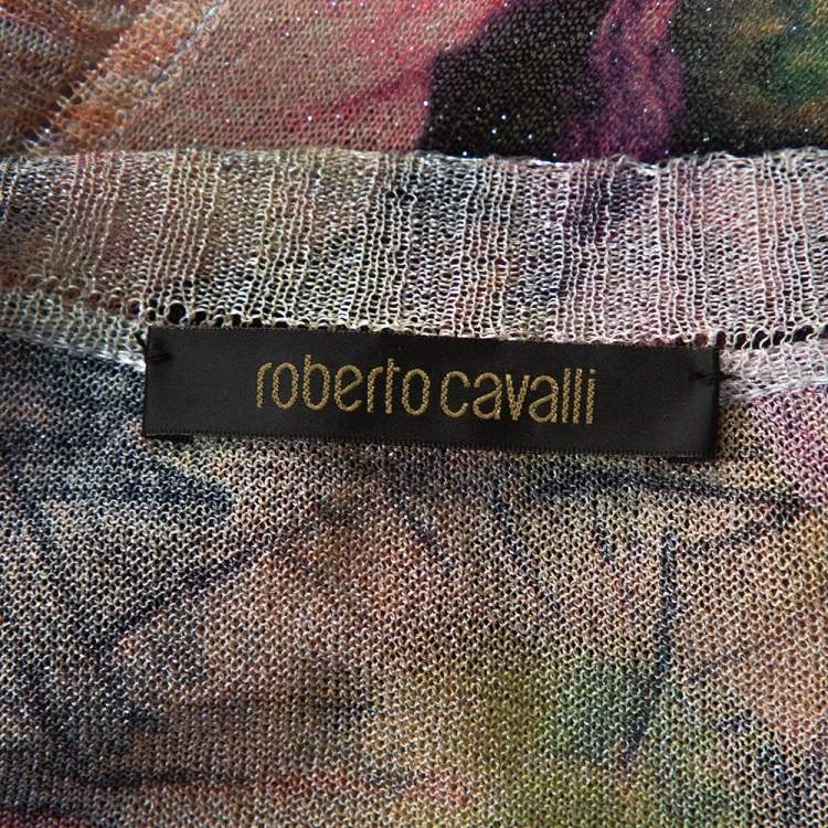 Pre Owned Roberto Cavalli Pale Pink Printed Lurex Knit Sheer Blouse L