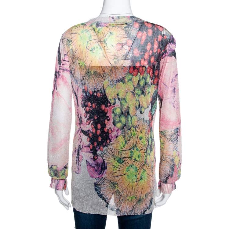 Pre Owned Roberto Cavalli Pale Pink Printed Lurex Knit Sheer Blouse L