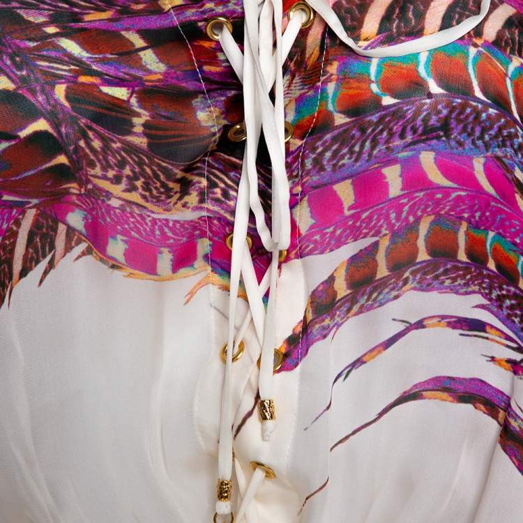 Pre Owned Roberto Cavalli White & Pink Feather Printed Silk Maxi Kaftan Dress M