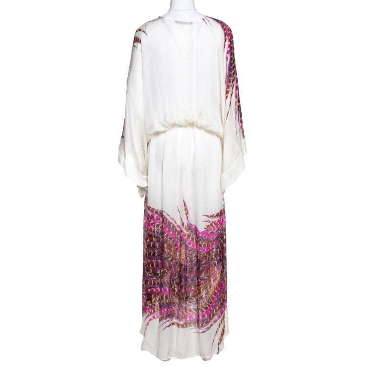 Pre Owned Roberto Cavalli White & Pink Feather Printed Silk Maxi Kaftan Dress M
