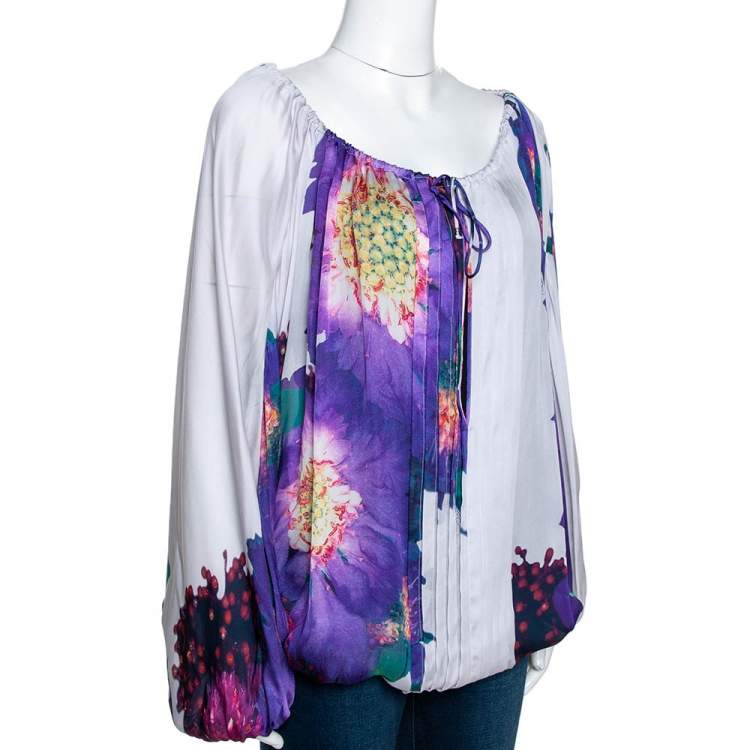 Pre Owned Roberto Cavalli Purple Floral Print Silk Sheer Kaftan Top M