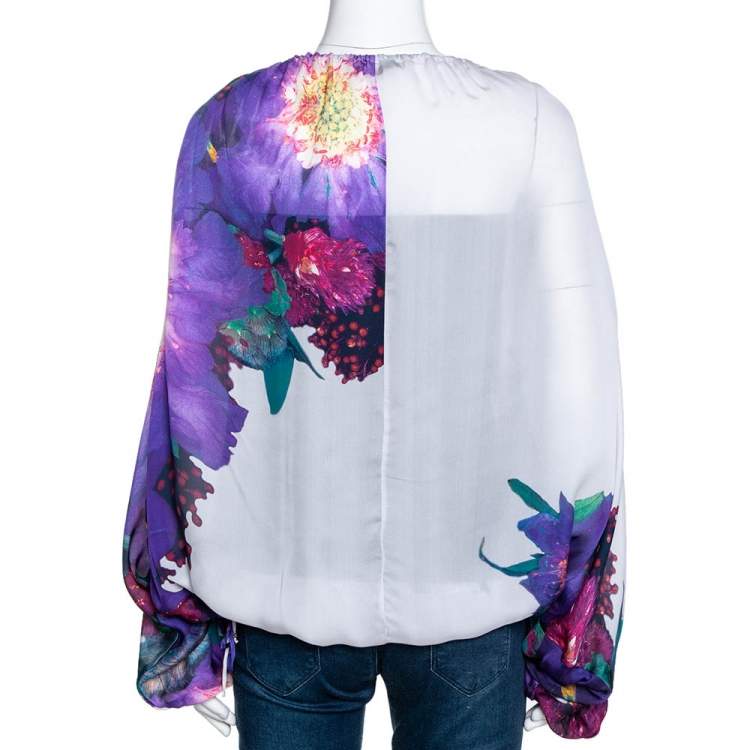 Pre Owned Roberto Cavalli Purple Floral Print Silk Sheer Kaftan Top M