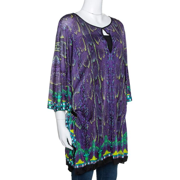 Pre Owned Roberto Cavalli Purple Snake Print Knit Belted Kaftan Top M