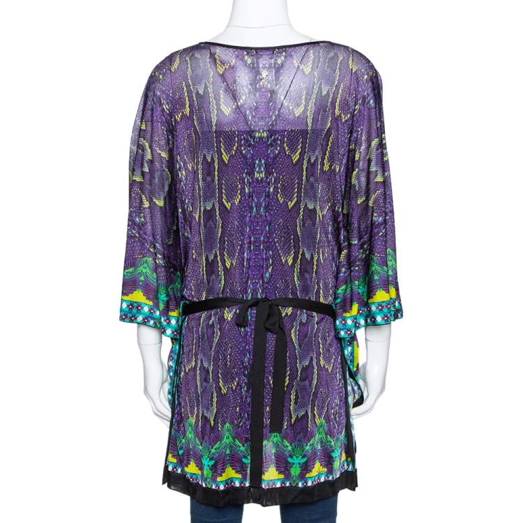 Pre Owned Roberto Cavalli Purple Snake Print Knit Belted Kaftan Top M