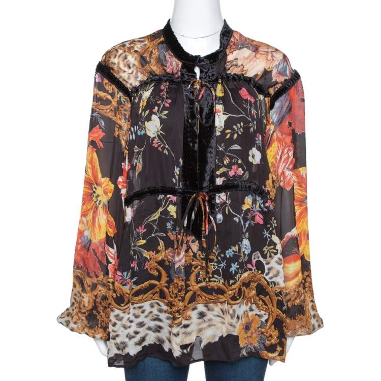 مملوكة مسبقًا Roberto Cavalli Black Floral Print Silk Sheer Blouse L